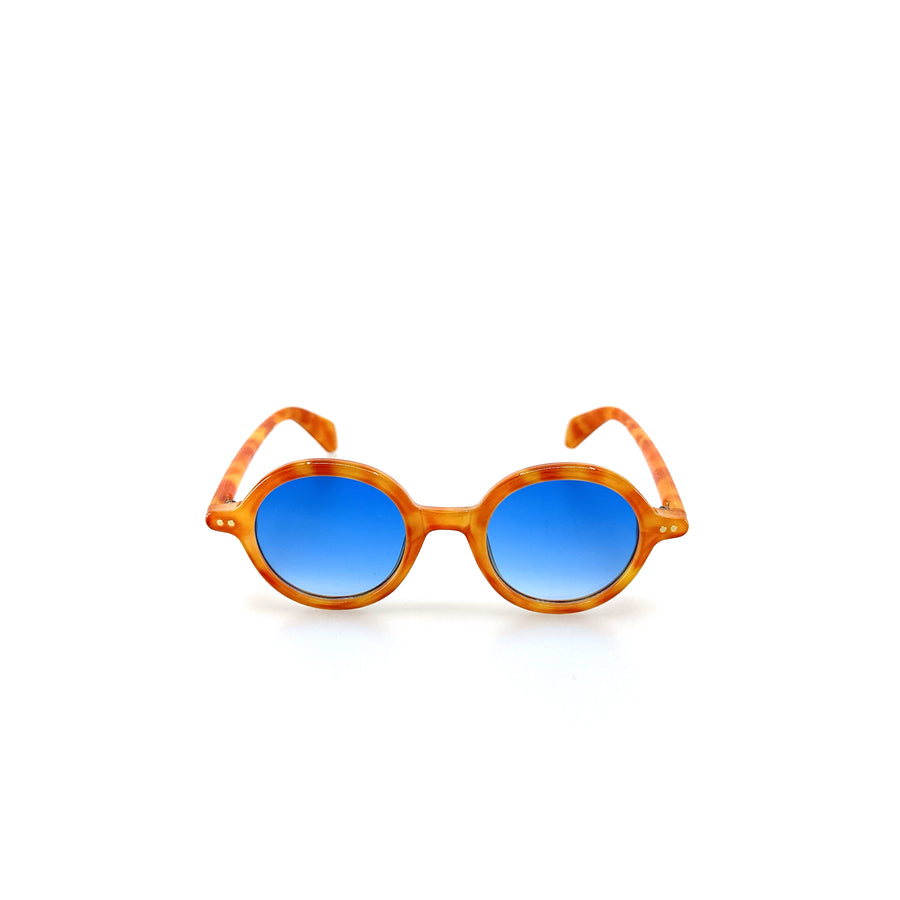 Kerek, narancssárga színű, műanyag keretes napszemüveg.