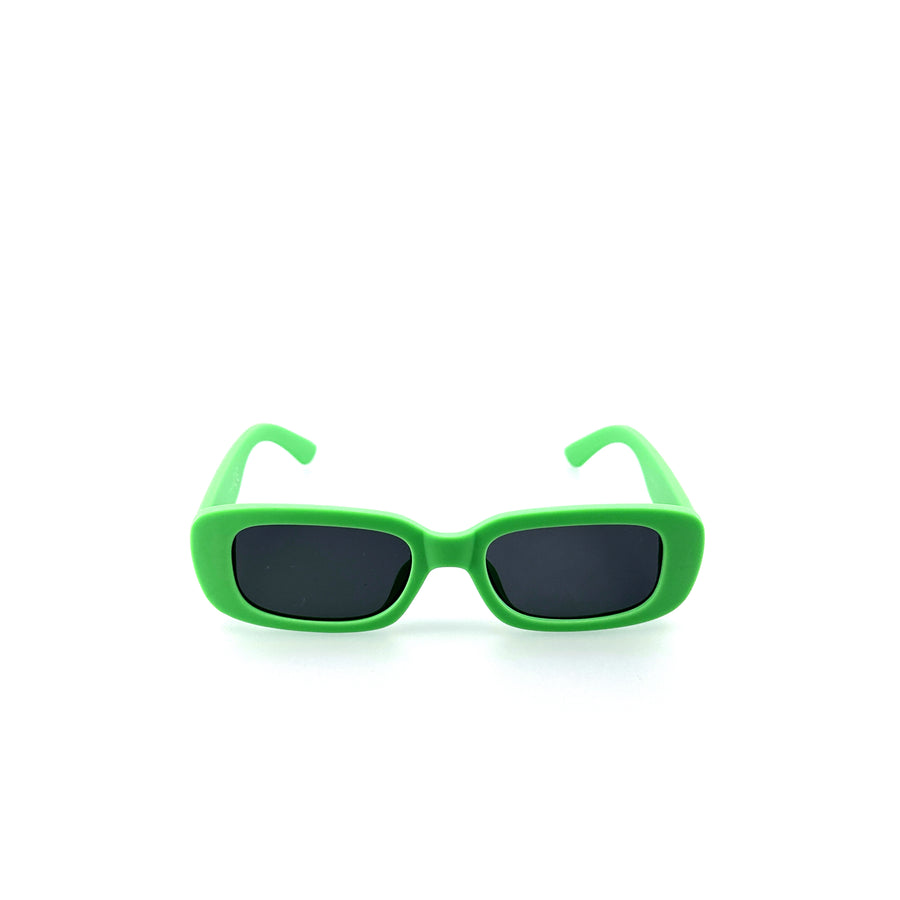 Matt téglalap alakú, zöld színű műanyag napszemüveg.
