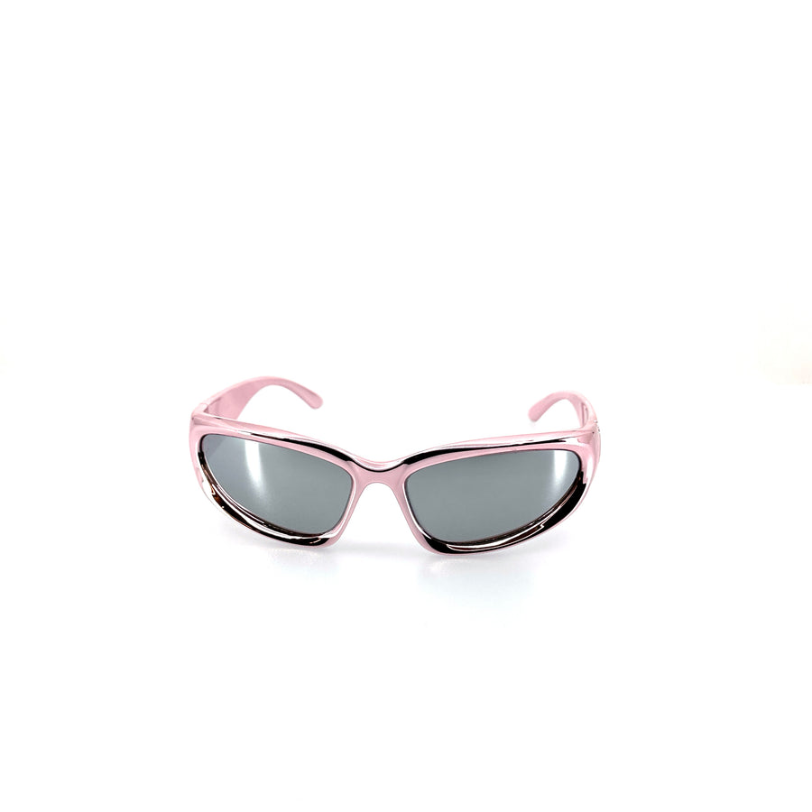 Rave stílusú, UFO fazonú műanyag napszemüveg, metál rózsaszín színben.