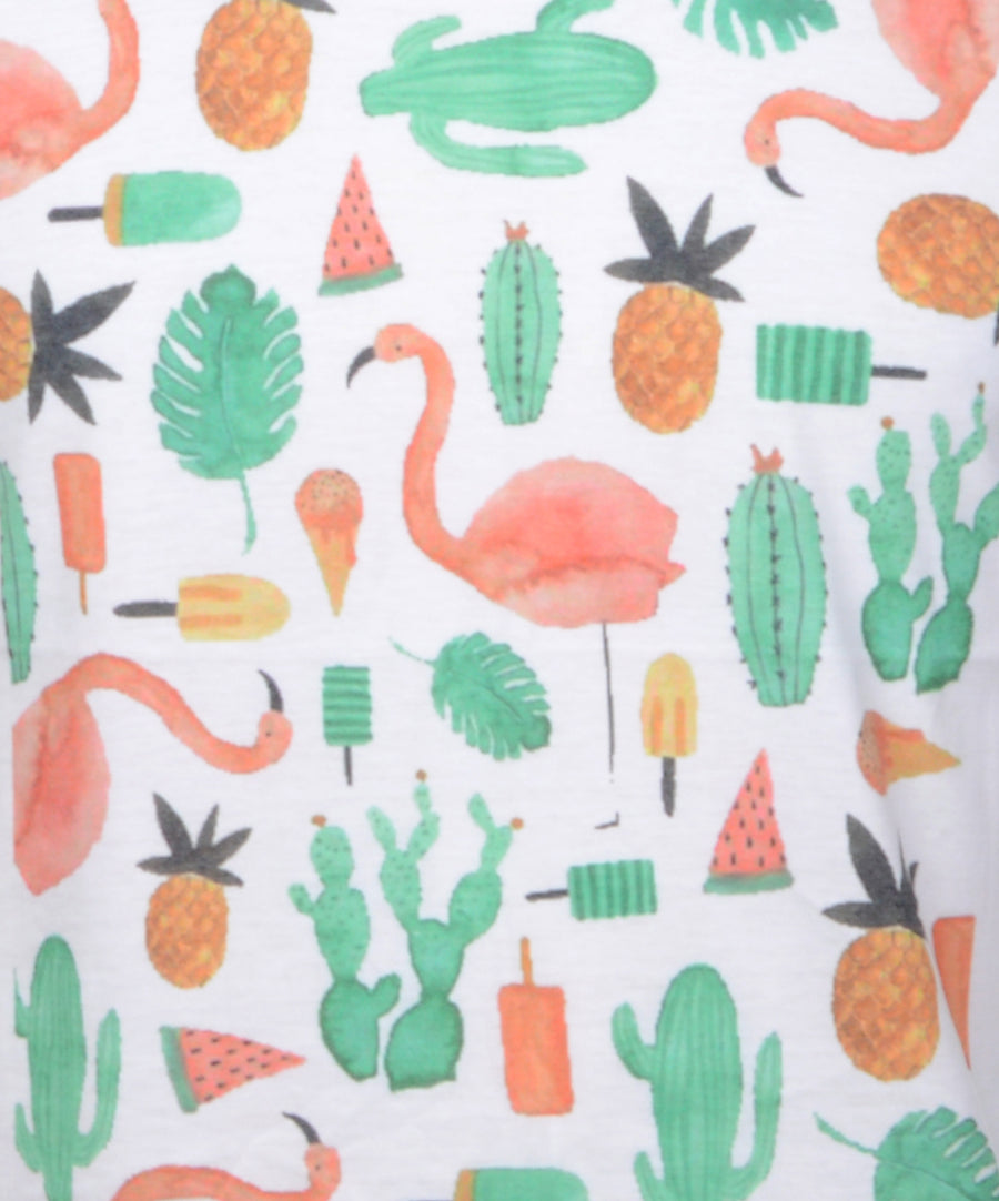 Egyenes fazonú, uniszex trikó trópusi, flamingós kaktuszos mintával.