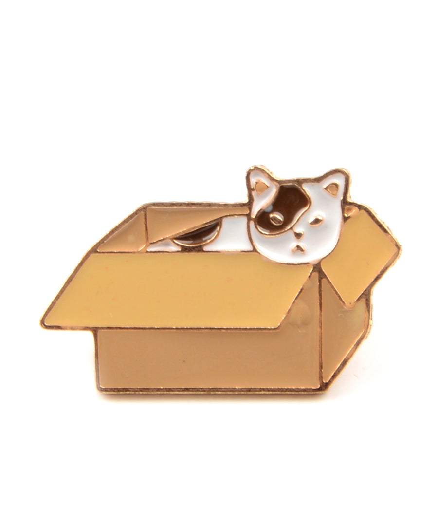 Dobozban fekvő macska alakú, pin jellegű kitűző.