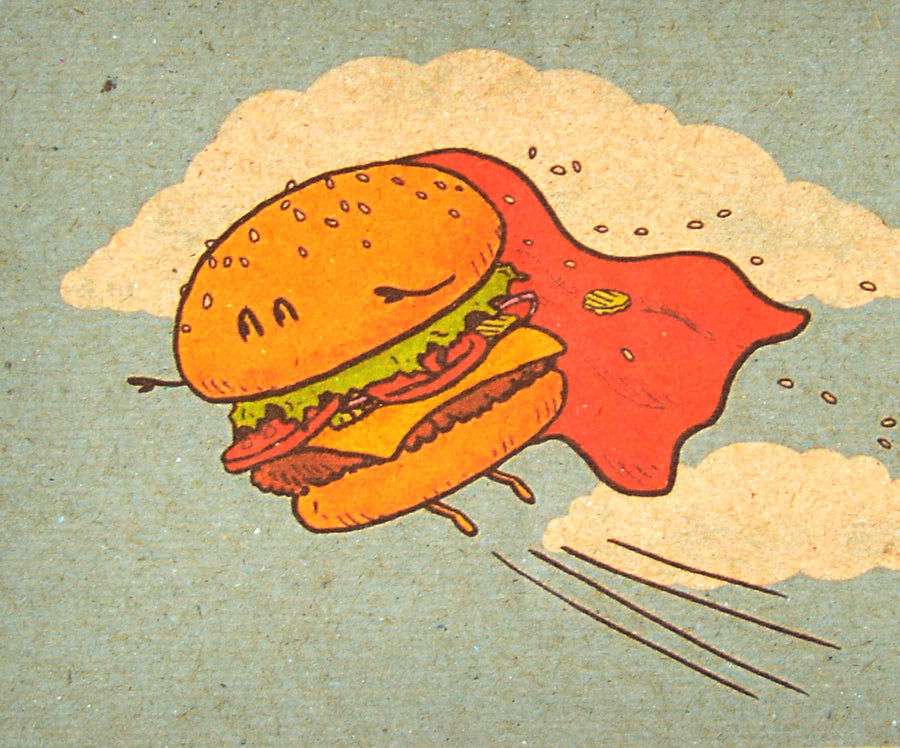Tűzött gerincű, sima lapos notesz, szuper burger mintával.