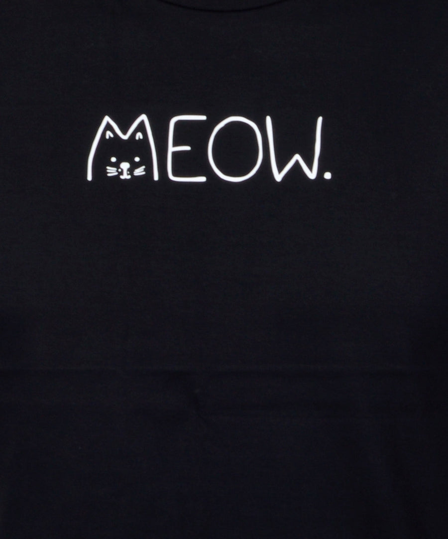 Egyenes fazonú, uniszex fekete trikó meow felirattal.